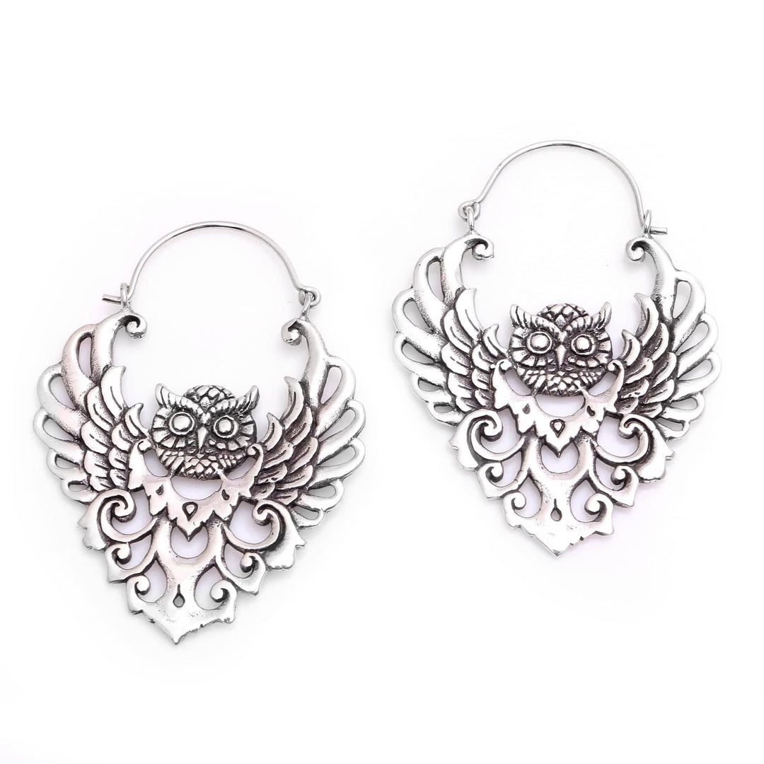 Sterling Silver Owl Hoop Earrings from Bali - Owl Majesty
