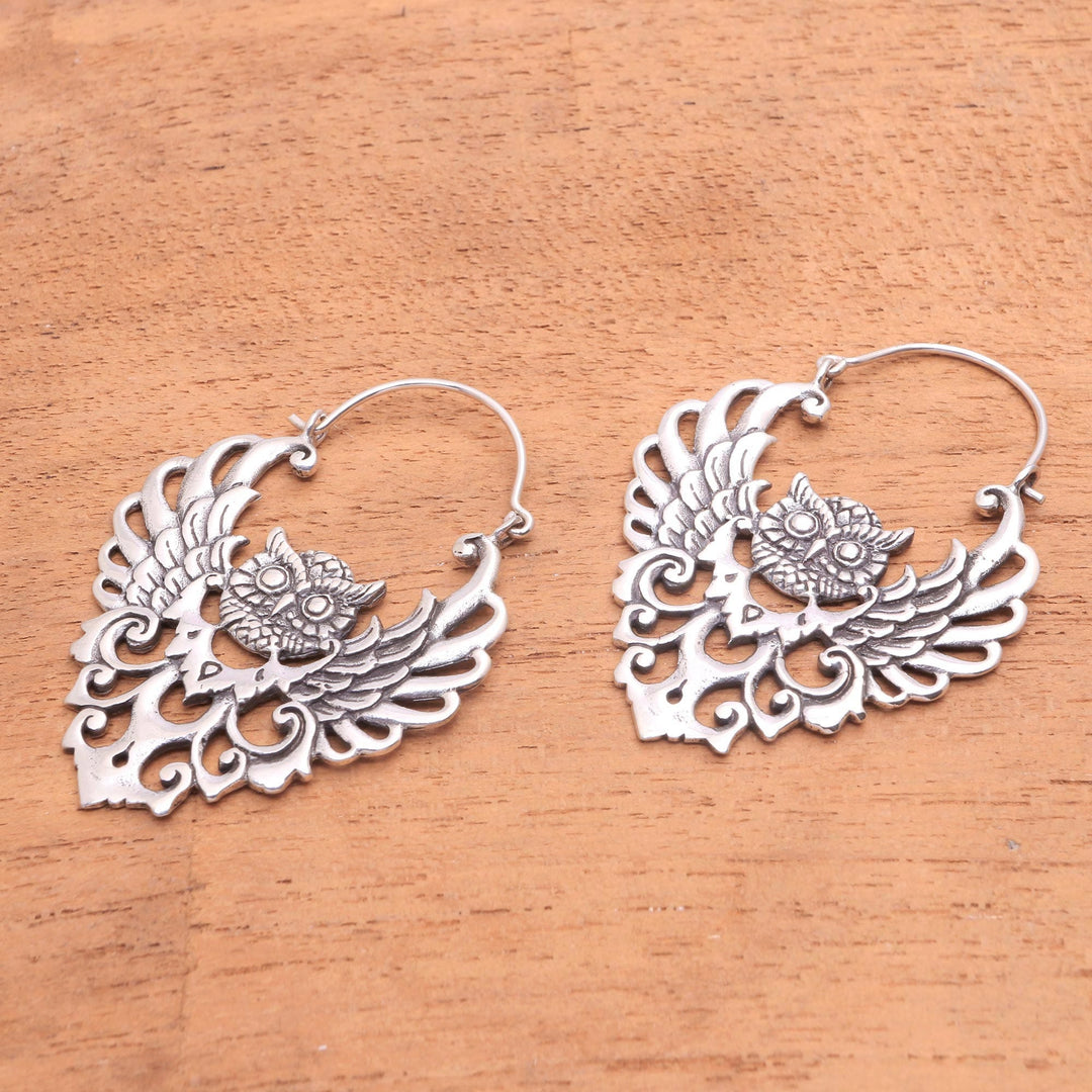 Sterling Silver Owl Hoop Earrings from Bali - Owl Majesty