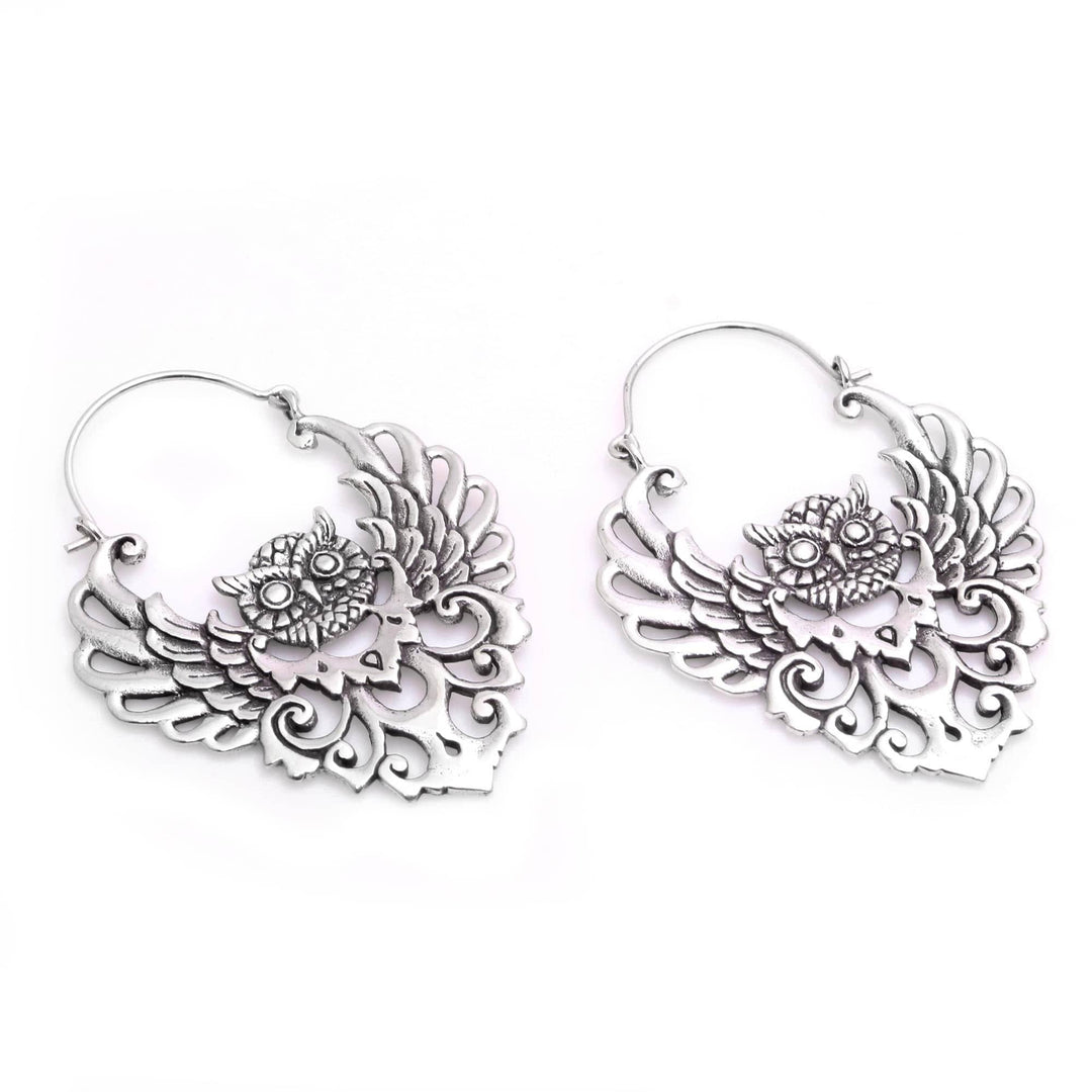 Sterling Silver Owl Hoop Earrings from Bali - Owl Majesty