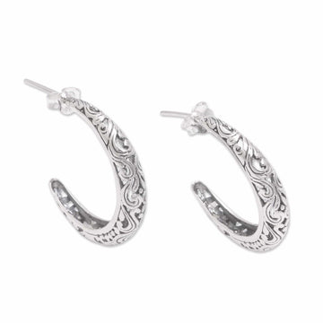 Vine Motif Sterling Silver Half-Hoop Earrings from Bali - Twilight Vines