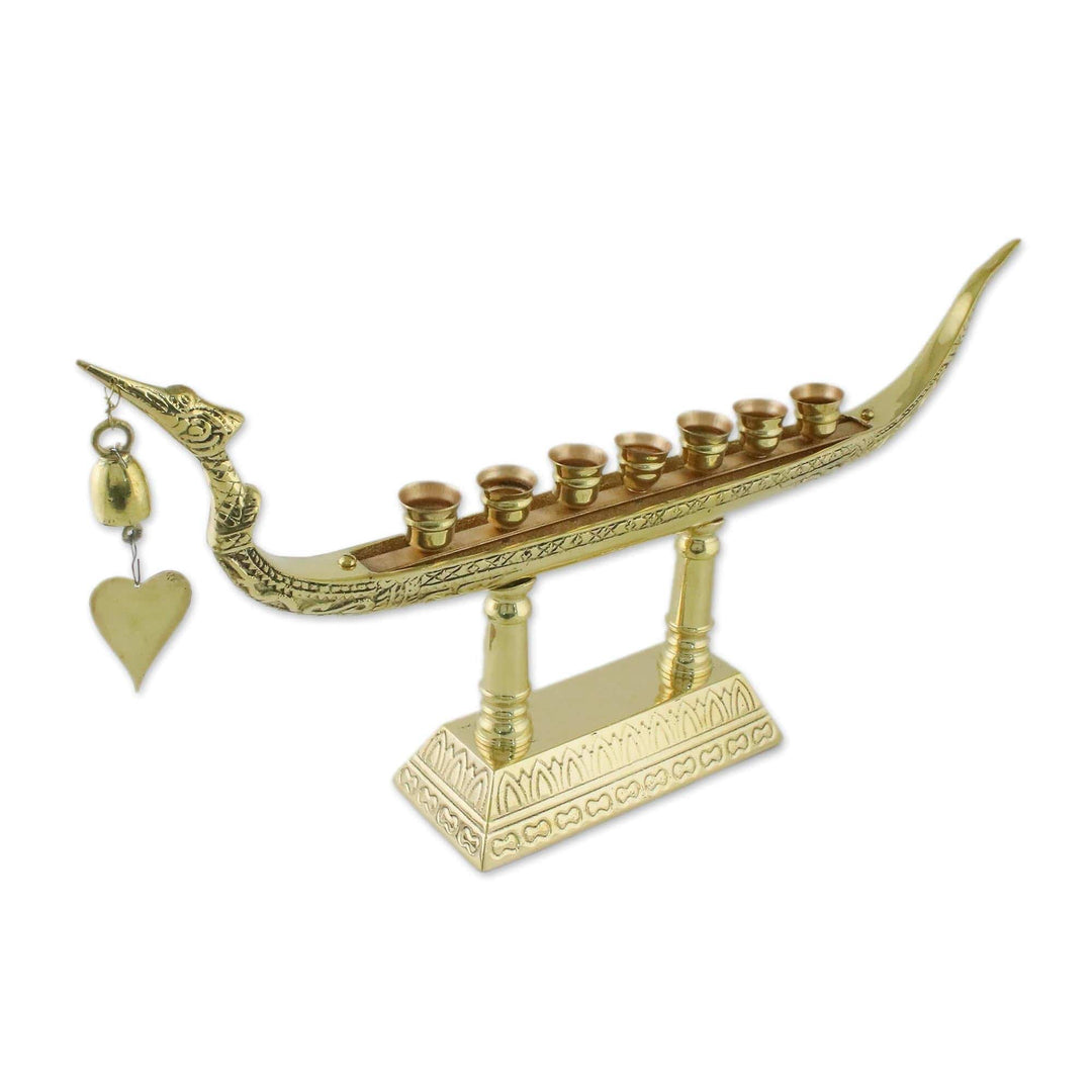 Brass Swan Boat Seven Candleholder with Heart Bell - Graceful Night