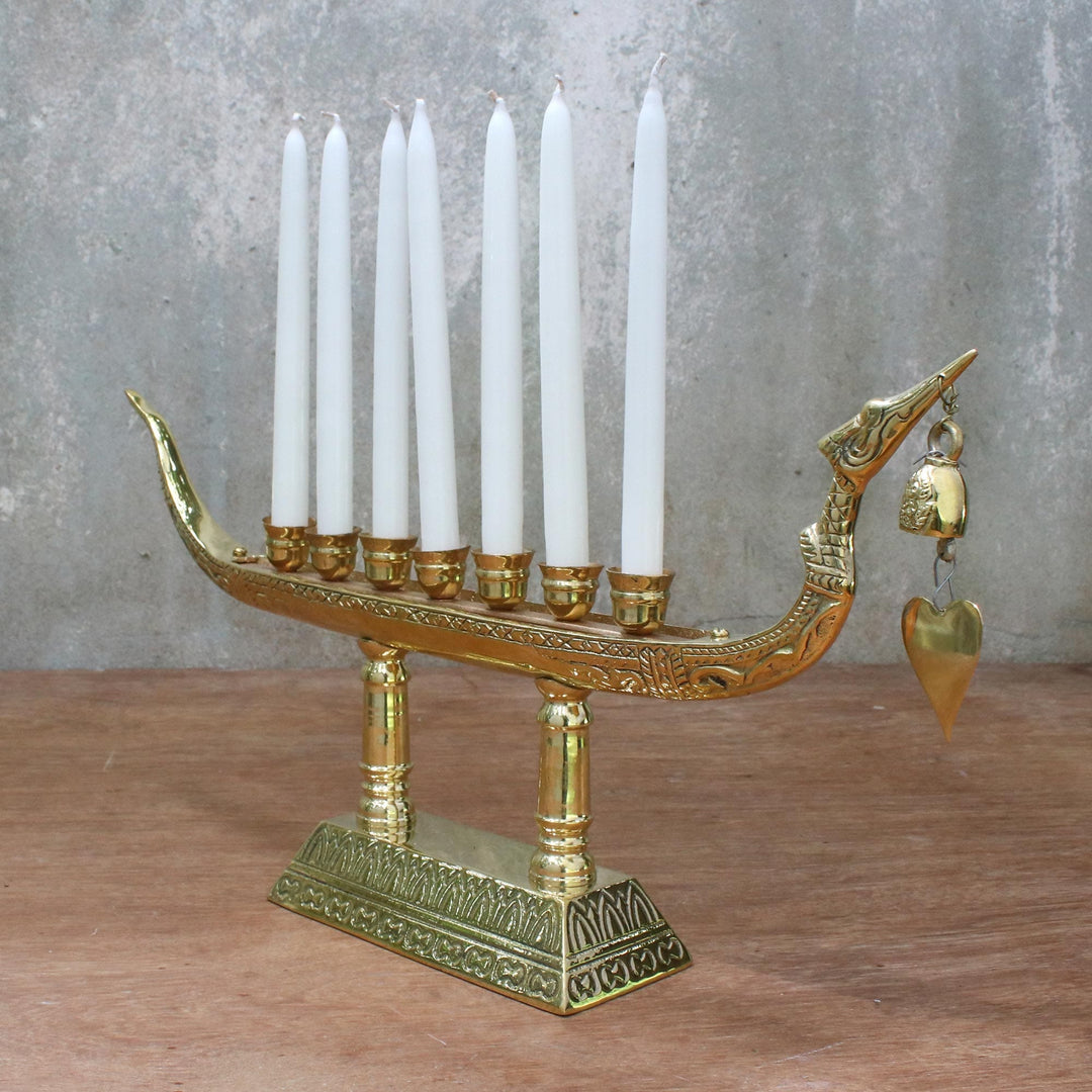 Brass Swan Boat Seven Candleholder with Heart Bell - Graceful Night