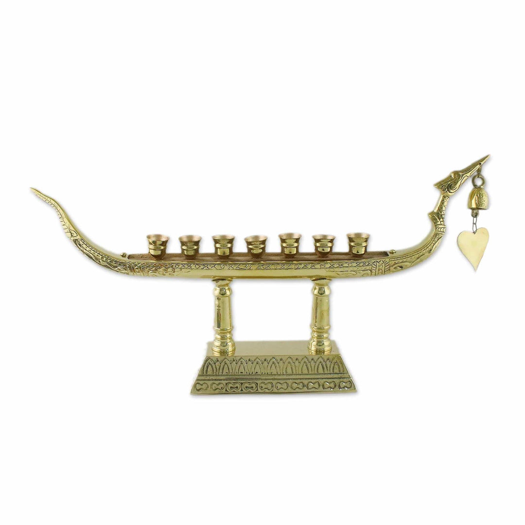 Brass Swan Boat Seven Candleholder with Heart Bell - Graceful Night