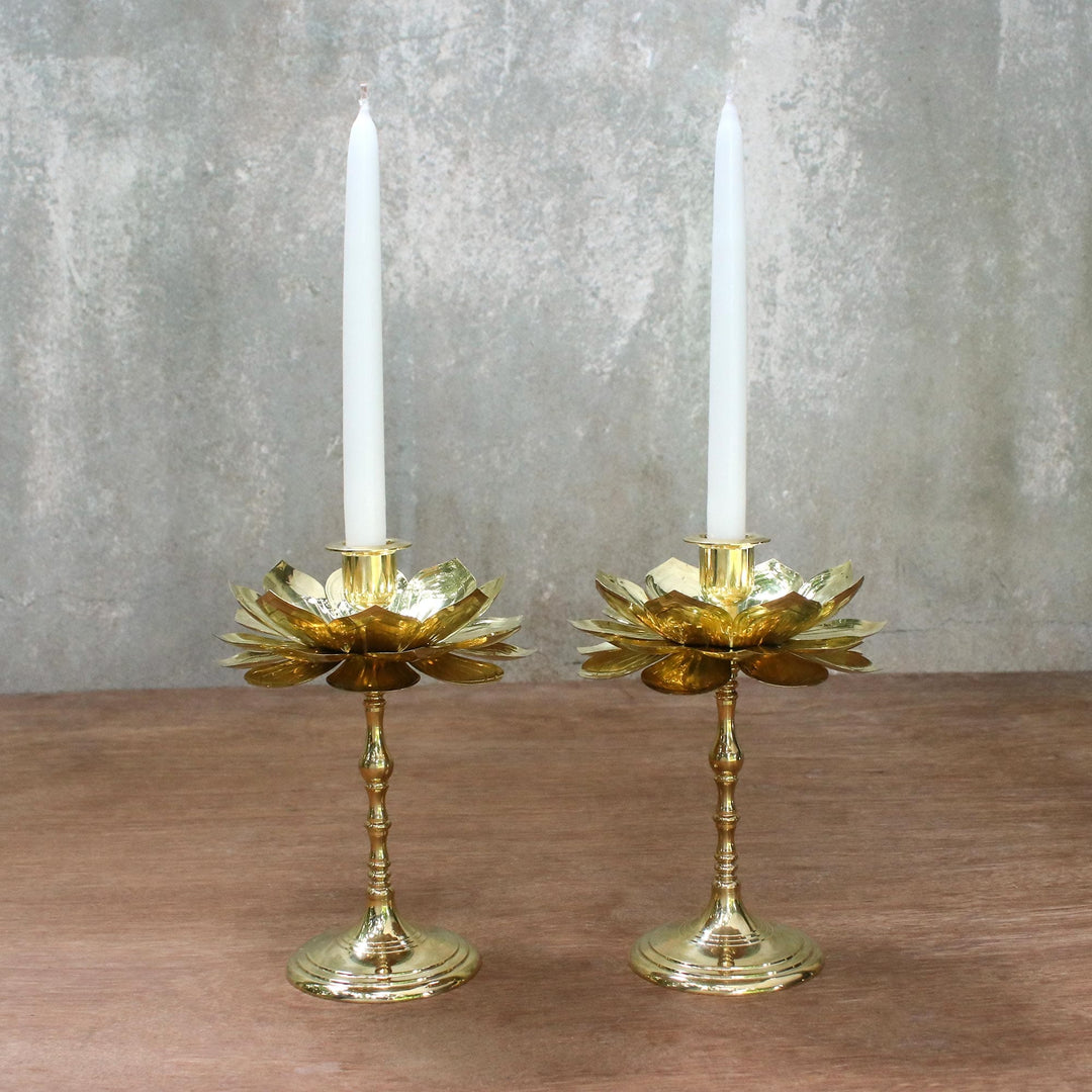 Brass Lotus Flower Table Decor Candlesticks (Pair) - Large Luminous Lotus