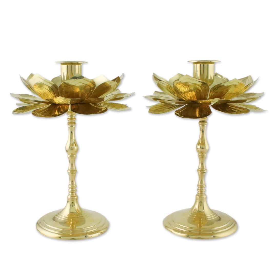 Brass Lotus Flower Table Decor Candlesticks (Pair) - Large Luminous Lotus