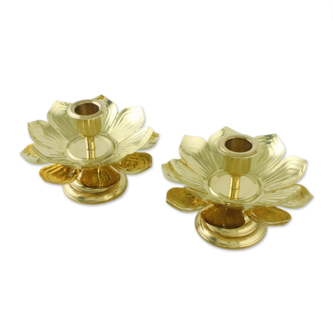 Brass Thai Lotus Blossom Candlesticks for Tapers (Pair) - Luminous Lotus