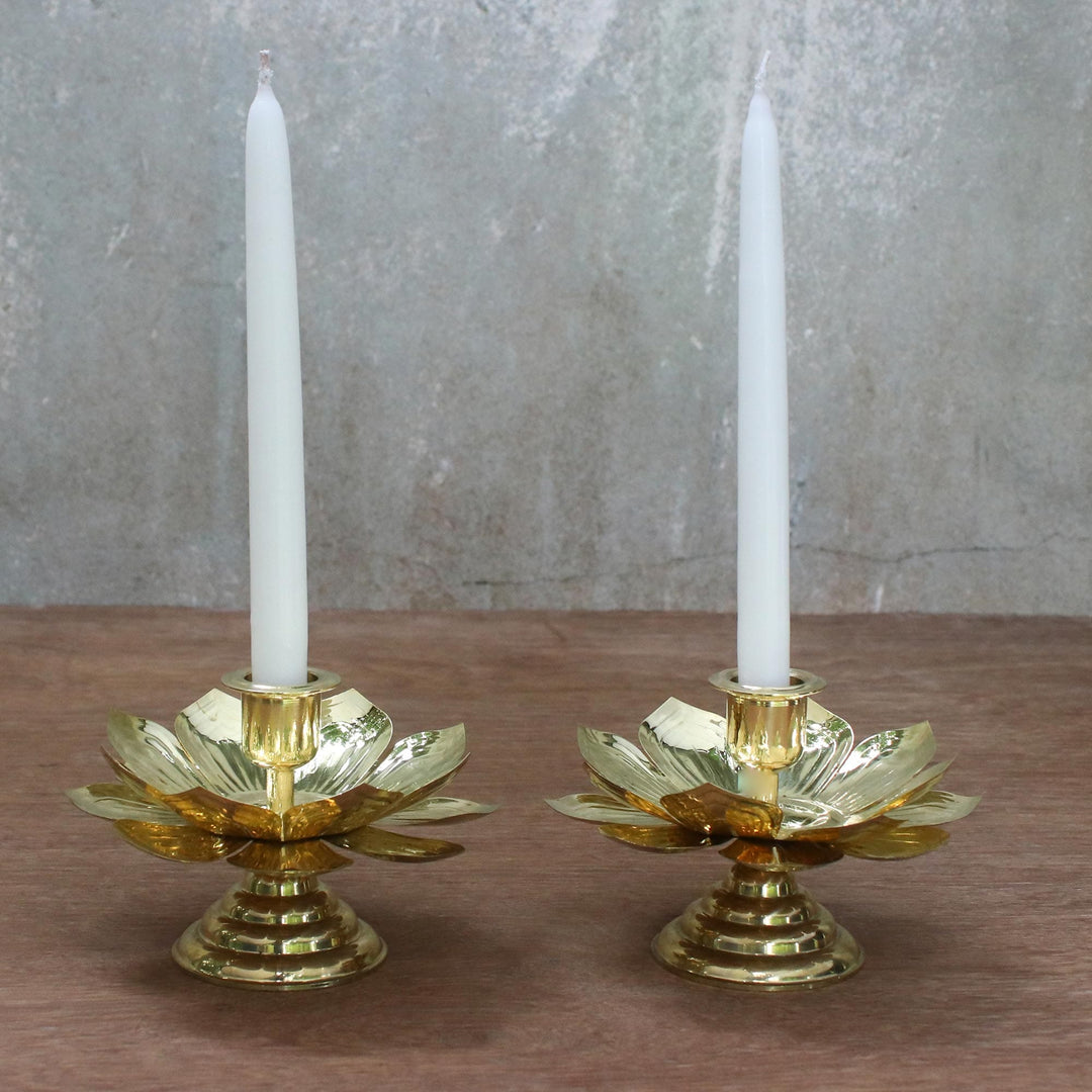 Brass Thai Lotus Blossom Candlesticks for Tapers (Pair) - Luminous Lotus