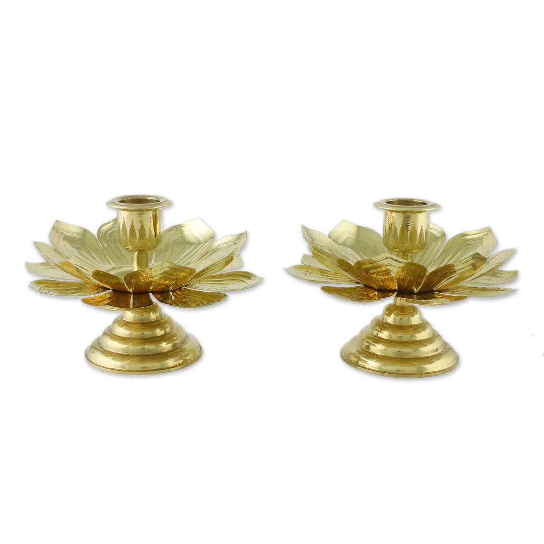Brass Thai Lotus Blossom Candlesticks for Tapers (Pair) - Luminous Lotus