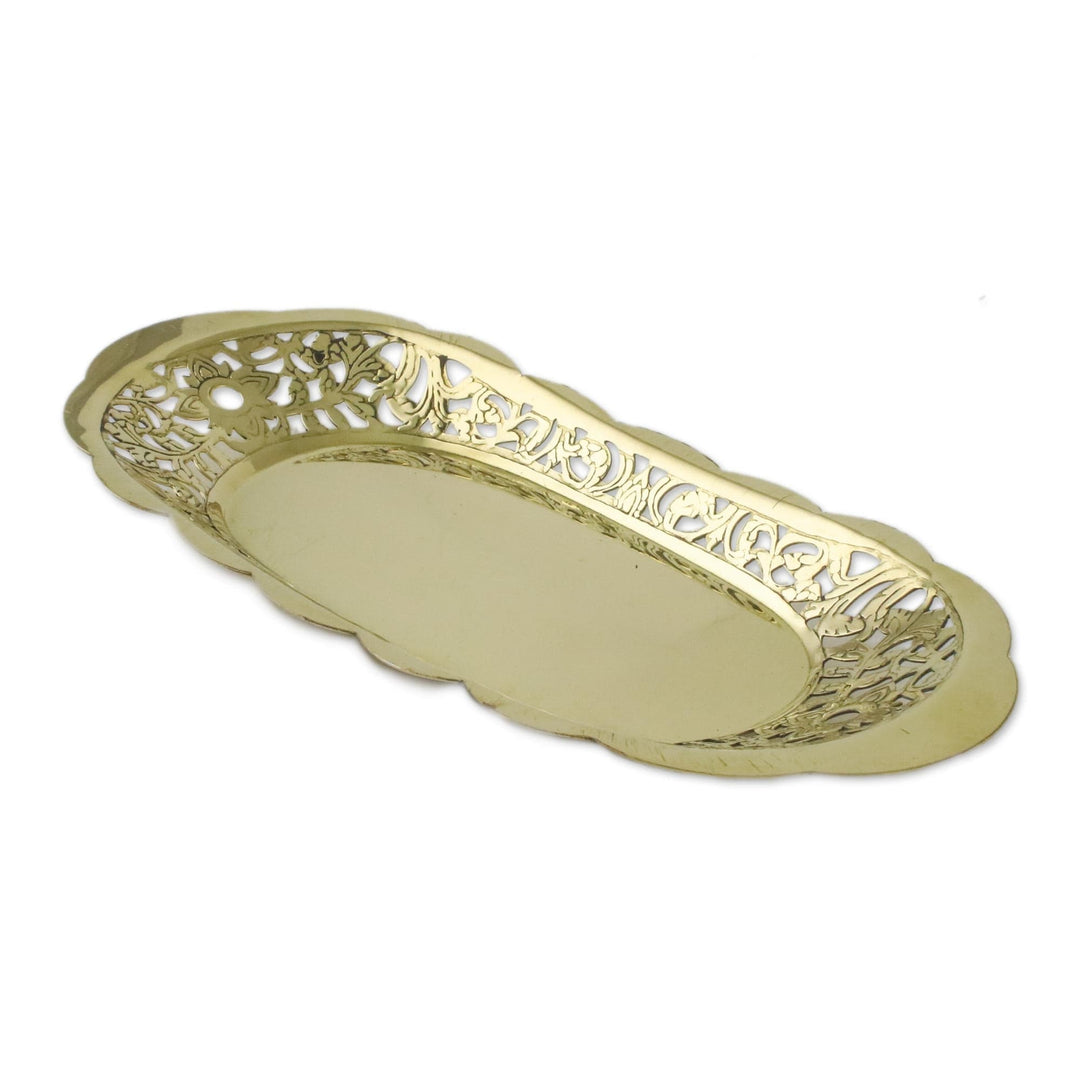 Ornate Brass Floral Openwork Decorative Oval Catchall - Thai Living