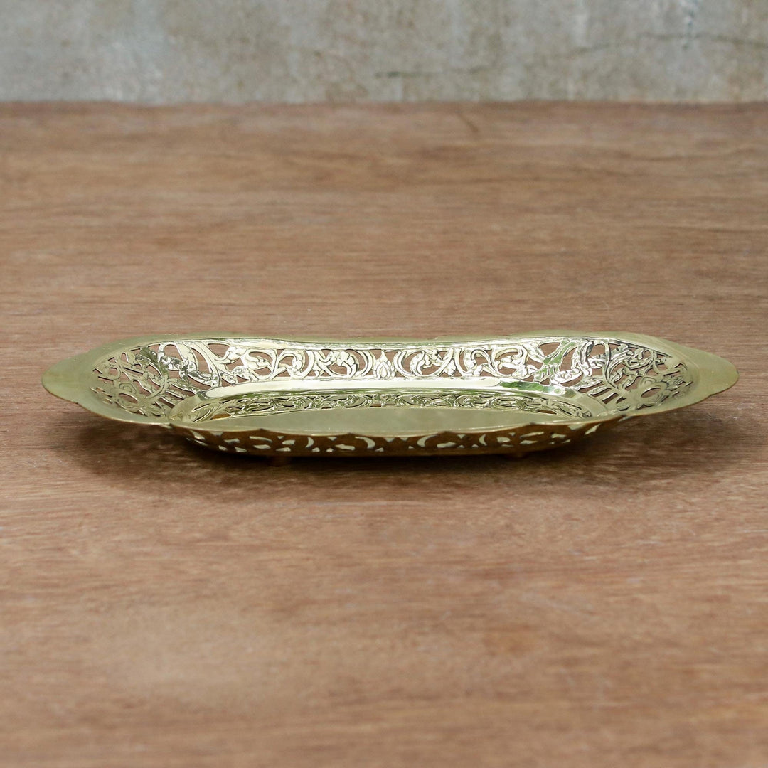 Ornate Brass Floral Openwork Decorative Oval Catchall - Thai Living