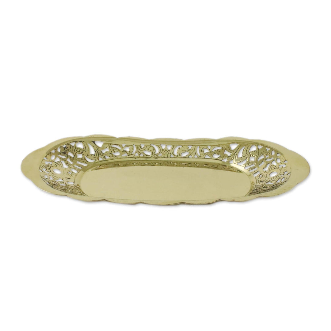 Ornate Brass Floral Openwork Decorative Oval Catchall - Thai Living