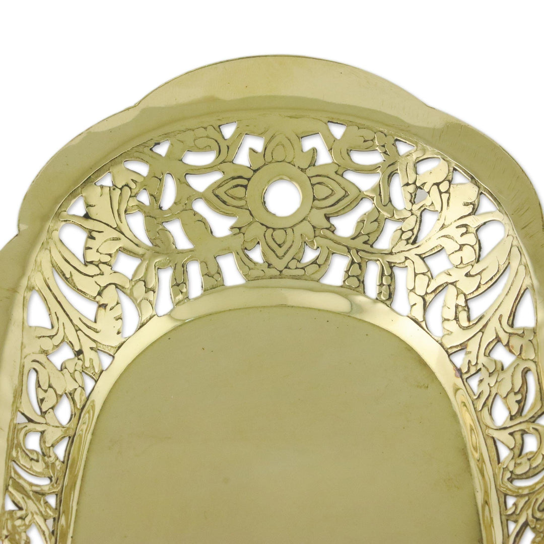 Ornate Brass Floral Openwork Decorative Oval Catchall - Thai Living