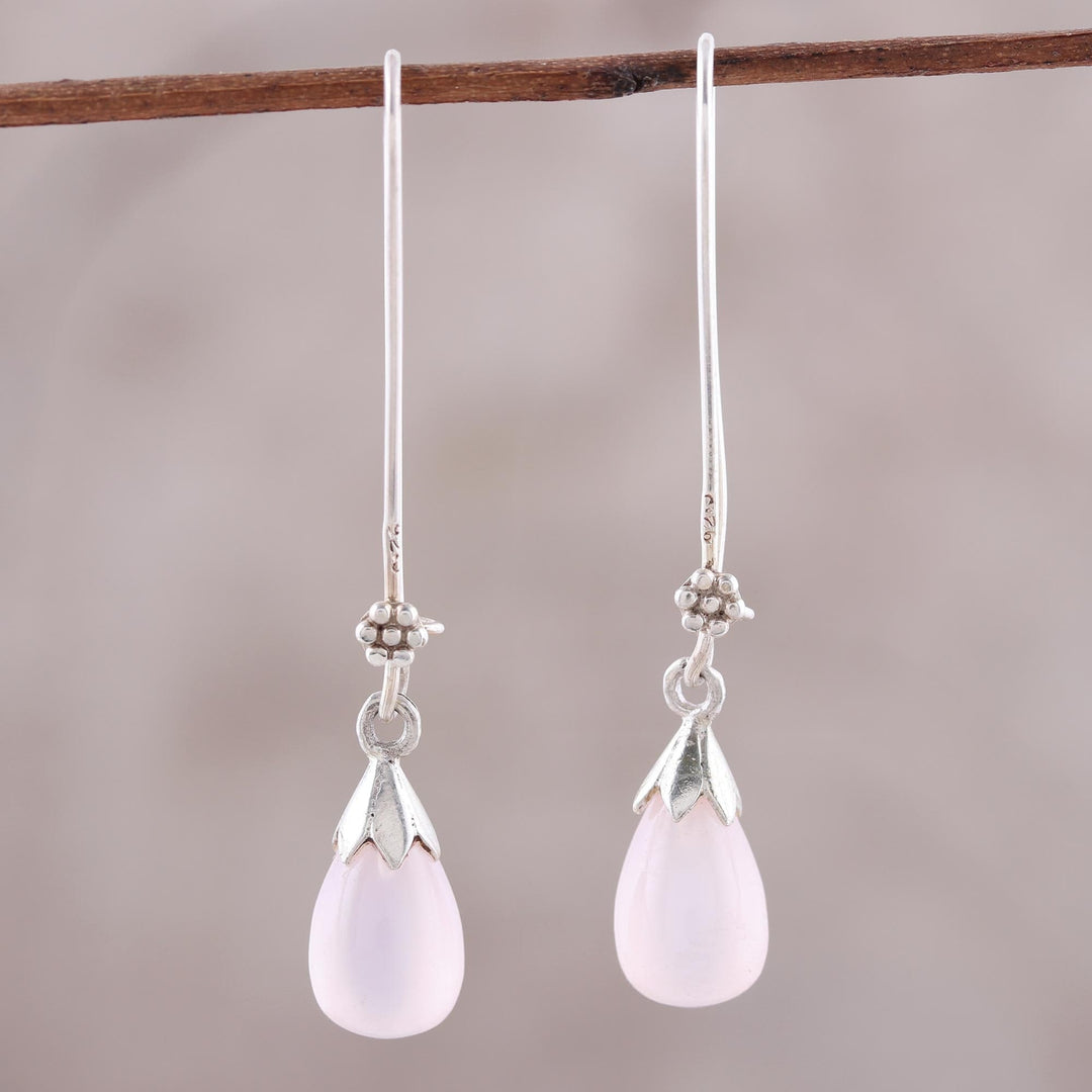 Pink Chalcedony and Sterling Silver Teardrop Dangle Earrings - Graceful Tear in Pink