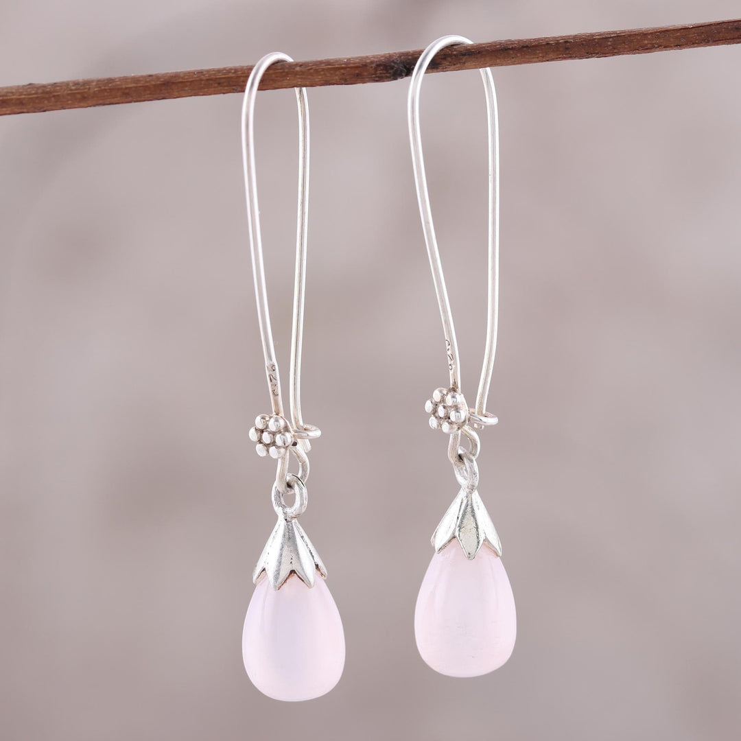 Pink Chalcedony and Sterling Silver Teardrop Dangle Earrings - Graceful Tear in Pink