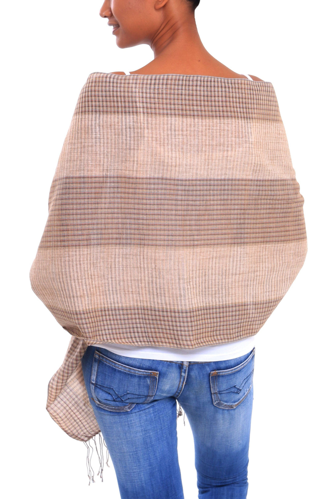 Handwoven Cotton Shawl in Beige and Brown from Bali - Masceti Plaid