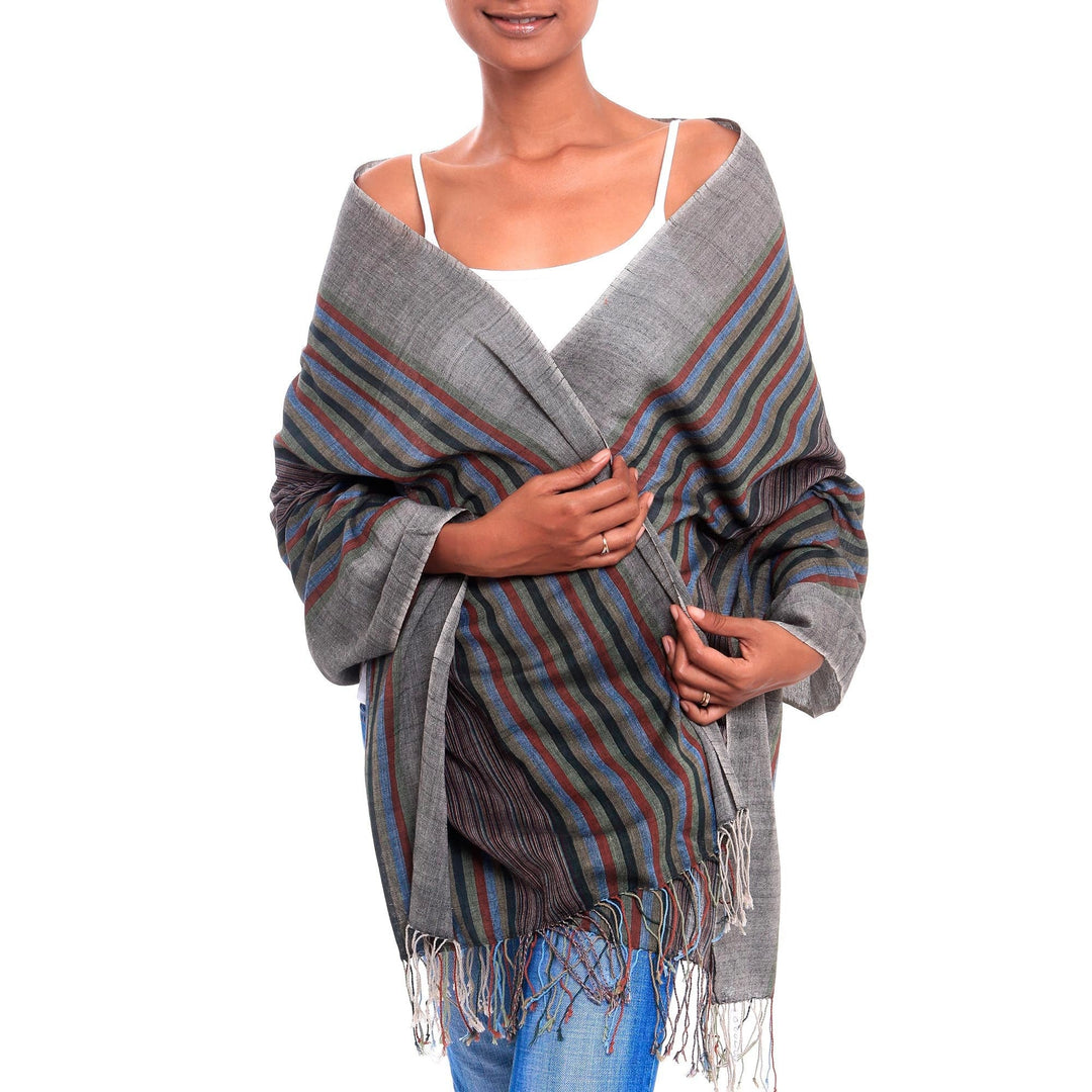 Grey Crimson Green Striped 100% Cotton Lightweight Shawl - Gentle Currents