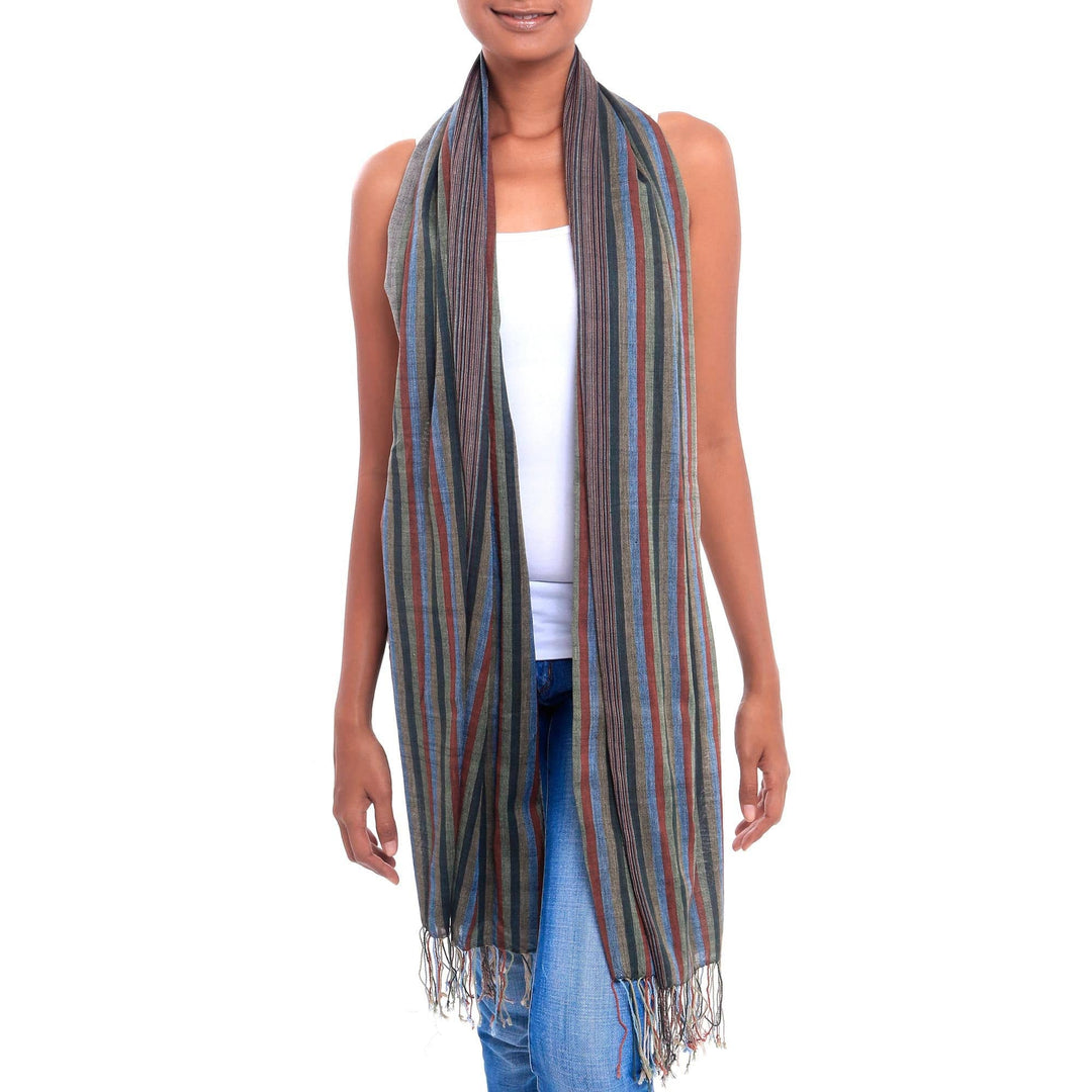 Grey Crimson Green Striped 100% Cotton Lightweight Shawl - Gentle Currents