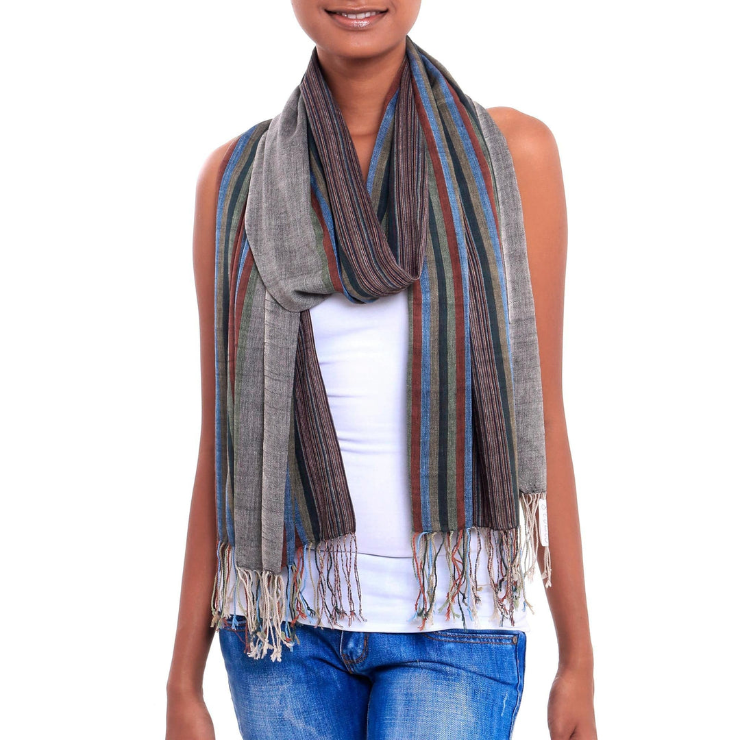 Grey Crimson Green Striped 100% Cotton Lightweight Shawl - Gentle Currents