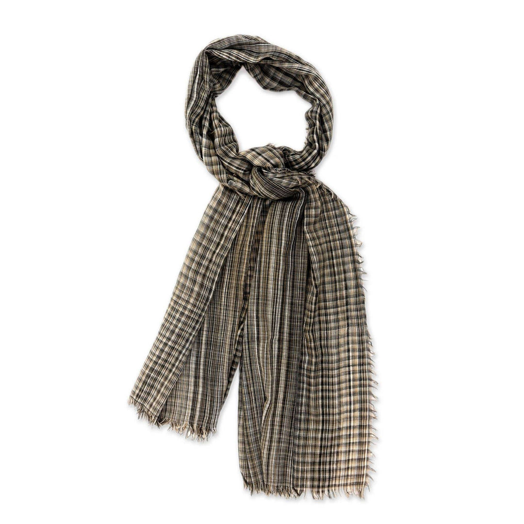 Greenish Grey Narrow Stripe Handwoven Cotton Shawl - City Stripe