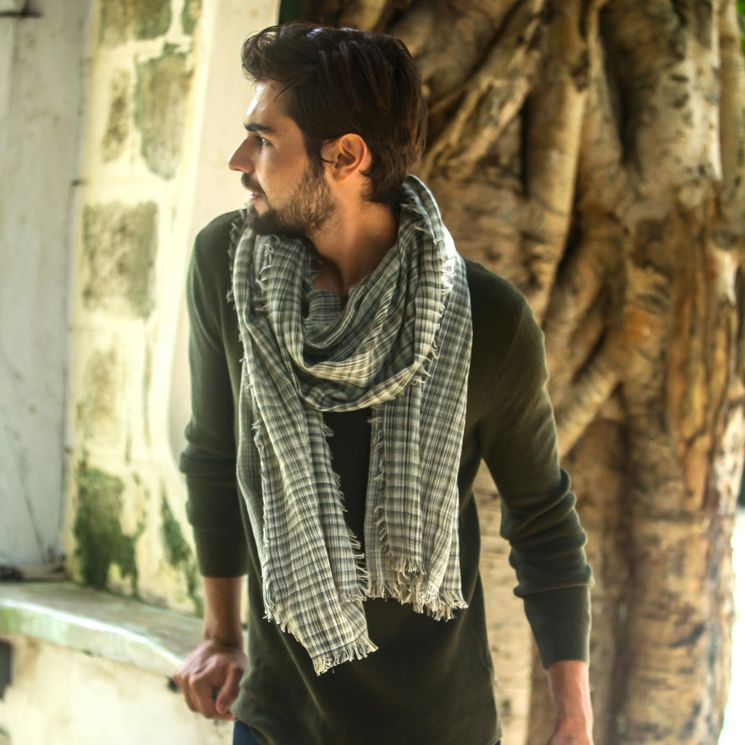 Greenish Grey Narrow Stripe Handwoven Cotton Shawl - City Stripe