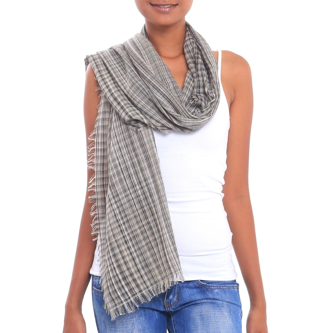 Greenish Grey Narrow Stripe Handwoven Cotton Shawl - City Stripe