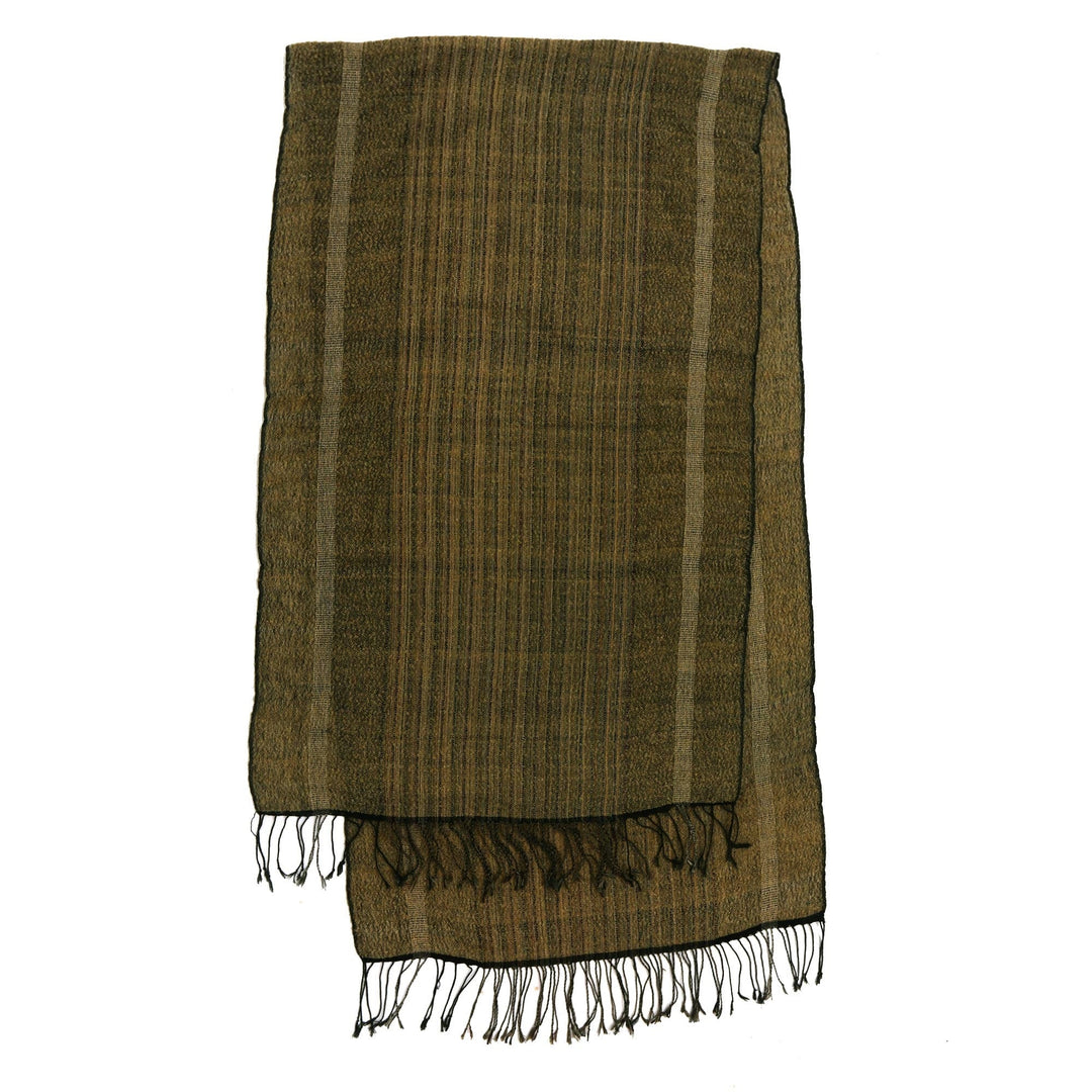 Men's Olive Green and Ochre Handwoven Cotton Fringed Shawl - River's Edge