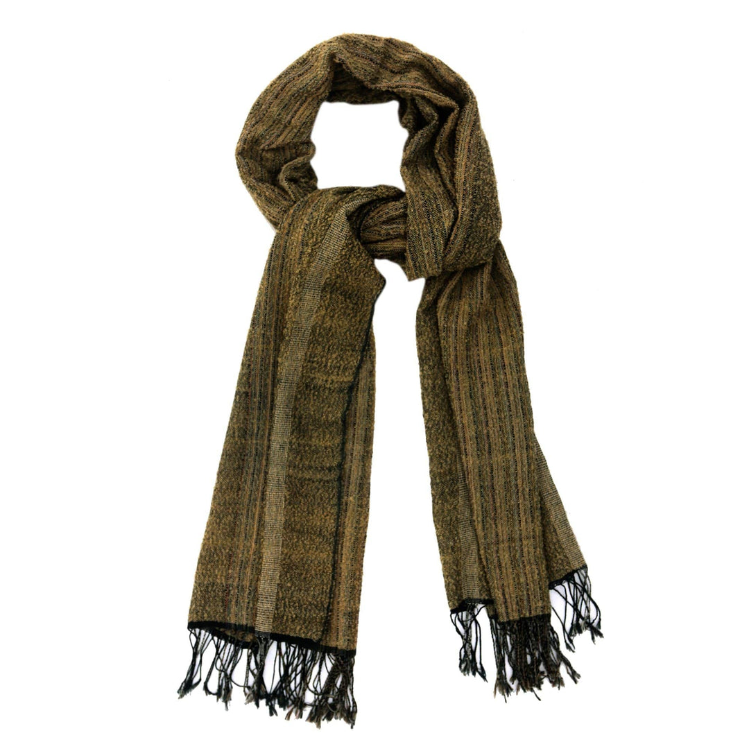Men's Olive Green and Ochre Handwoven Cotton Fringed Shawl - River's Edge