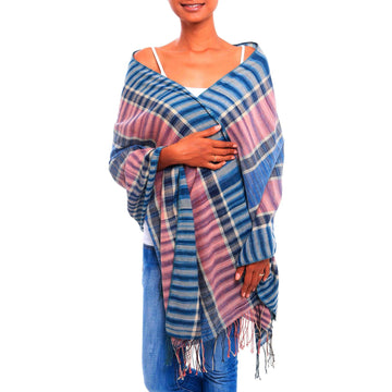 Mauve and Blue Handwoven Lightweight Cotton Plaid Shawl - Surf at Sunset