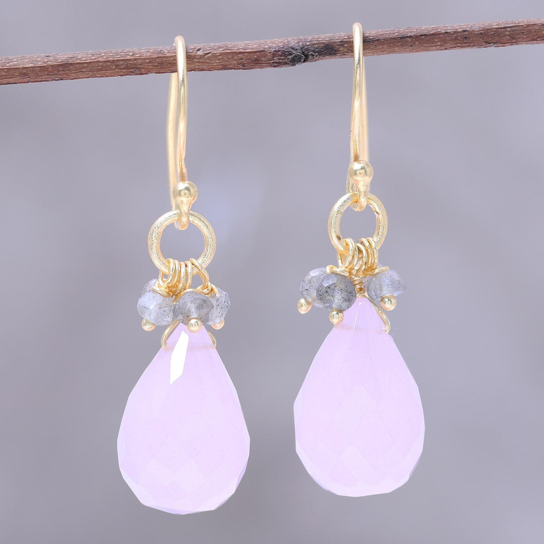 22k Gold Plated Rose Quartz and Labradorite Dangle Earrings - Glittering Pink Drops