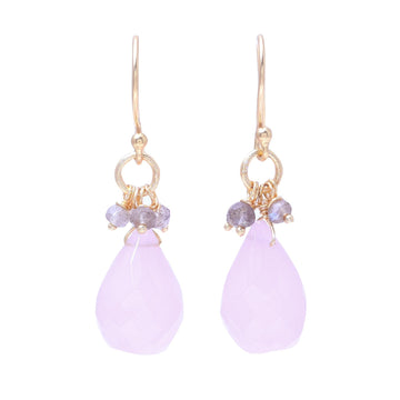 22k Gold Plated Rose Quartz and Labradorite Dangle Earrings - Glittering Pink Drops