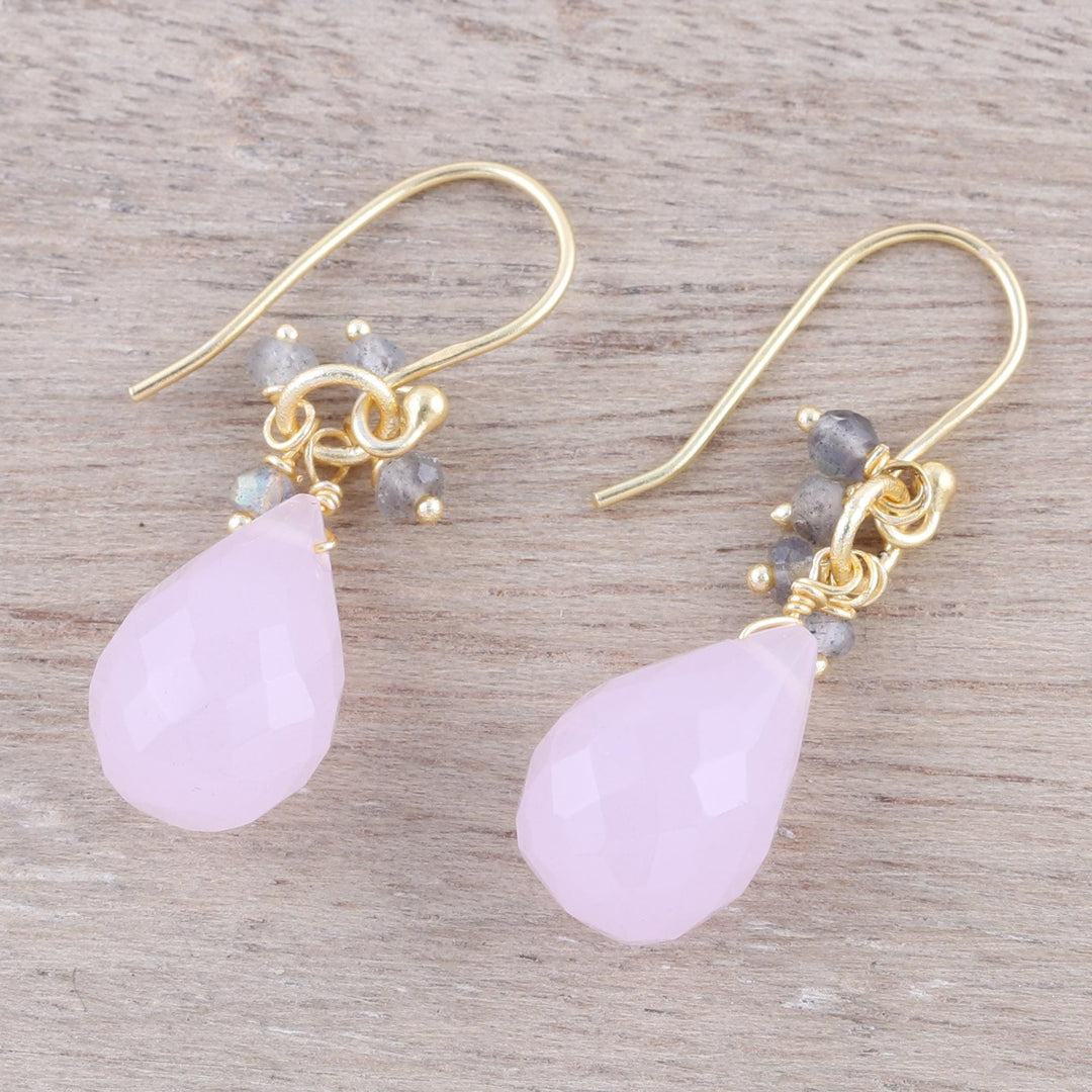 22k Gold Plated Rose Quartz and Labradorite Dangle Earrings - Glittering Pink Drops