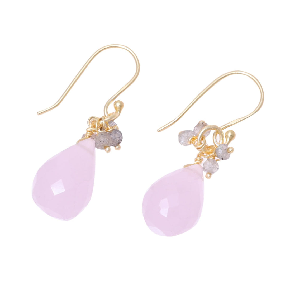 22k Gold Plated Rose Quartz and Labradorite Dangle Earrings - Glittering Pink Drops