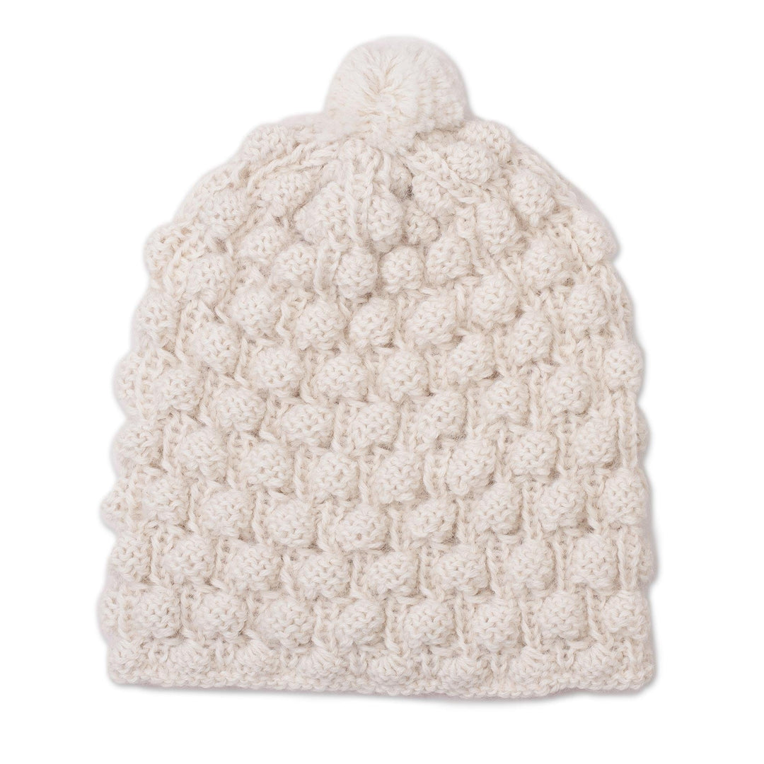 Hand Knit Antique White 100% Alpaca Multi-Textured Hat - Milky River