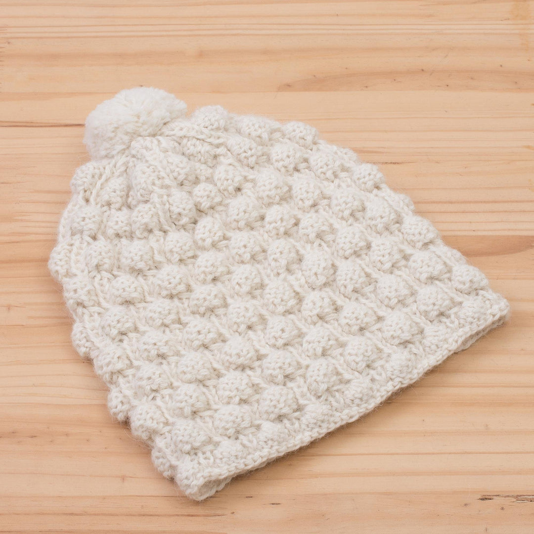 Hand Knit Antique White 100% Alpaca Multi-Textured Hat - Milky River