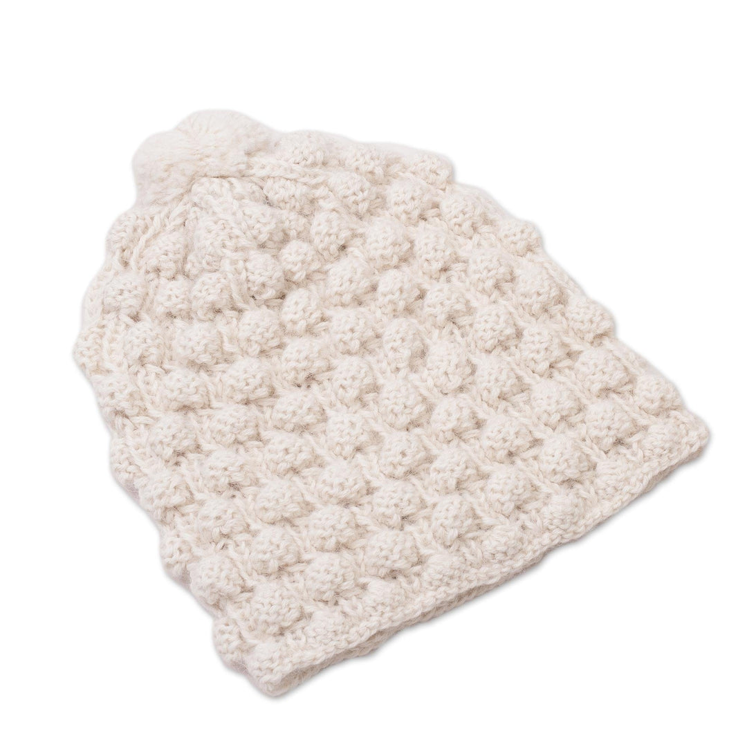 Hand Knit Antique White 100% Alpaca Multi-Textured Hat - Milky River