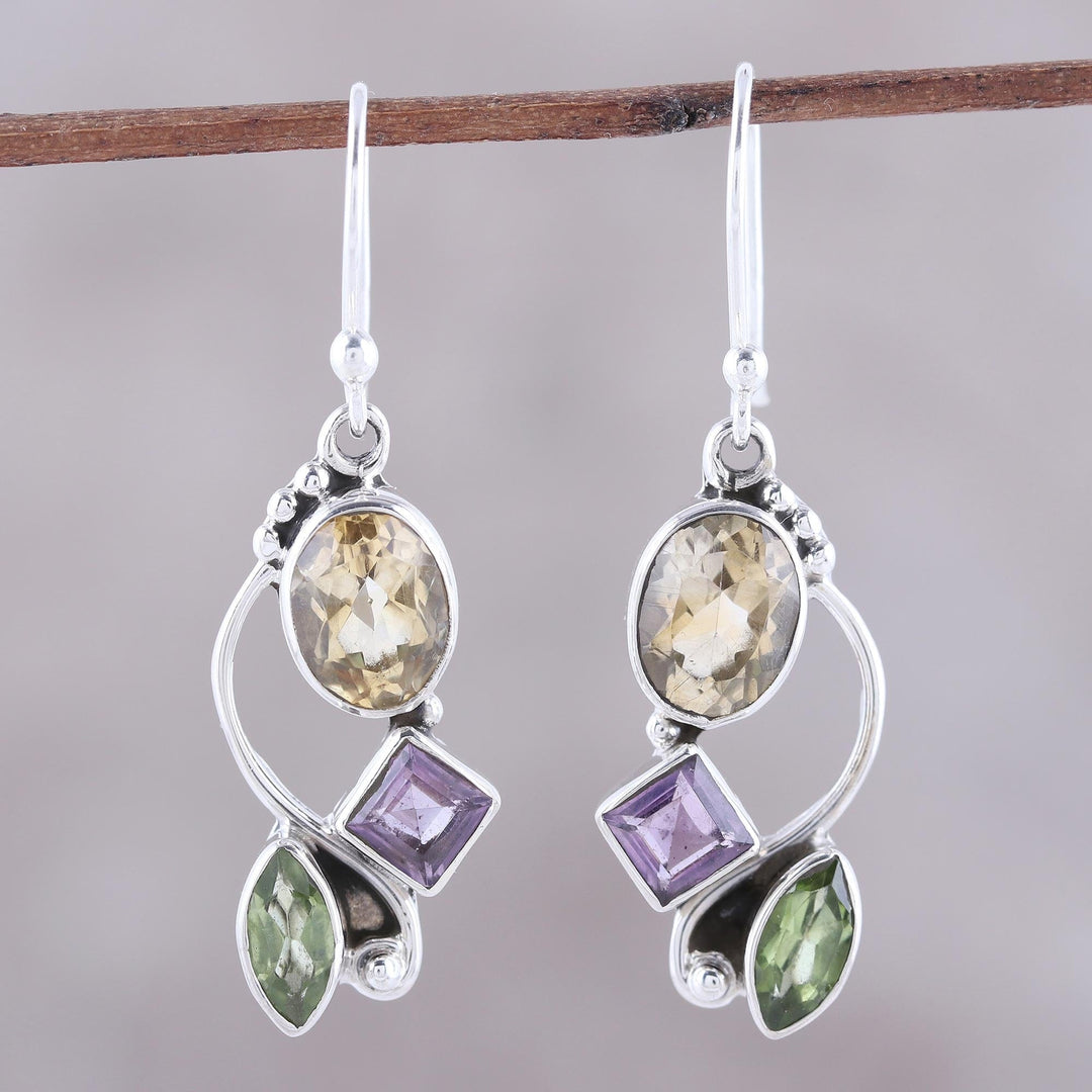 Citrine Amethyst Peridot and Sterling Silver Dangle Earrings - Sun with Violets