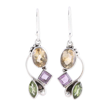 Citrine Amethyst Peridot and Sterling Silver Dangle Earrings - Sun with Violets