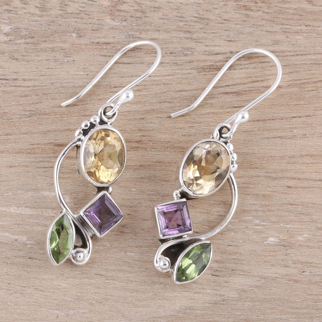 Citrine Amethyst Peridot and Sterling Silver Dangle Earrings - Sun with Violets