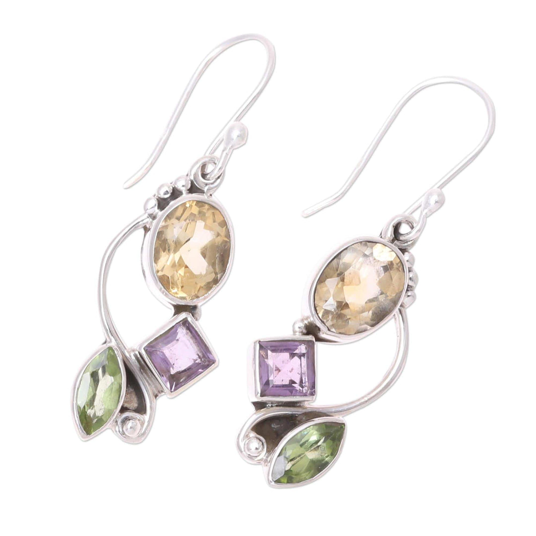 Citrine Amethyst Peridot and Sterling Silver Dangle Earrings - Sun with Violets