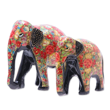 Hand-Painted Floral Papier Mache Elephant Sculptures (Pair) - Floral Bond