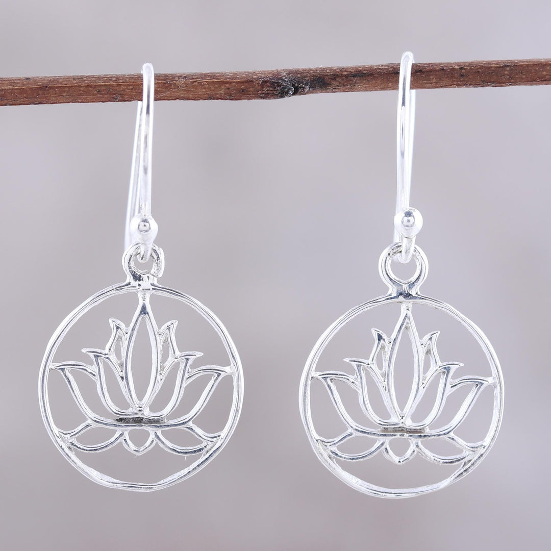Sterling Silver Lotus Dangle Earrings from India - Delightful Lotus