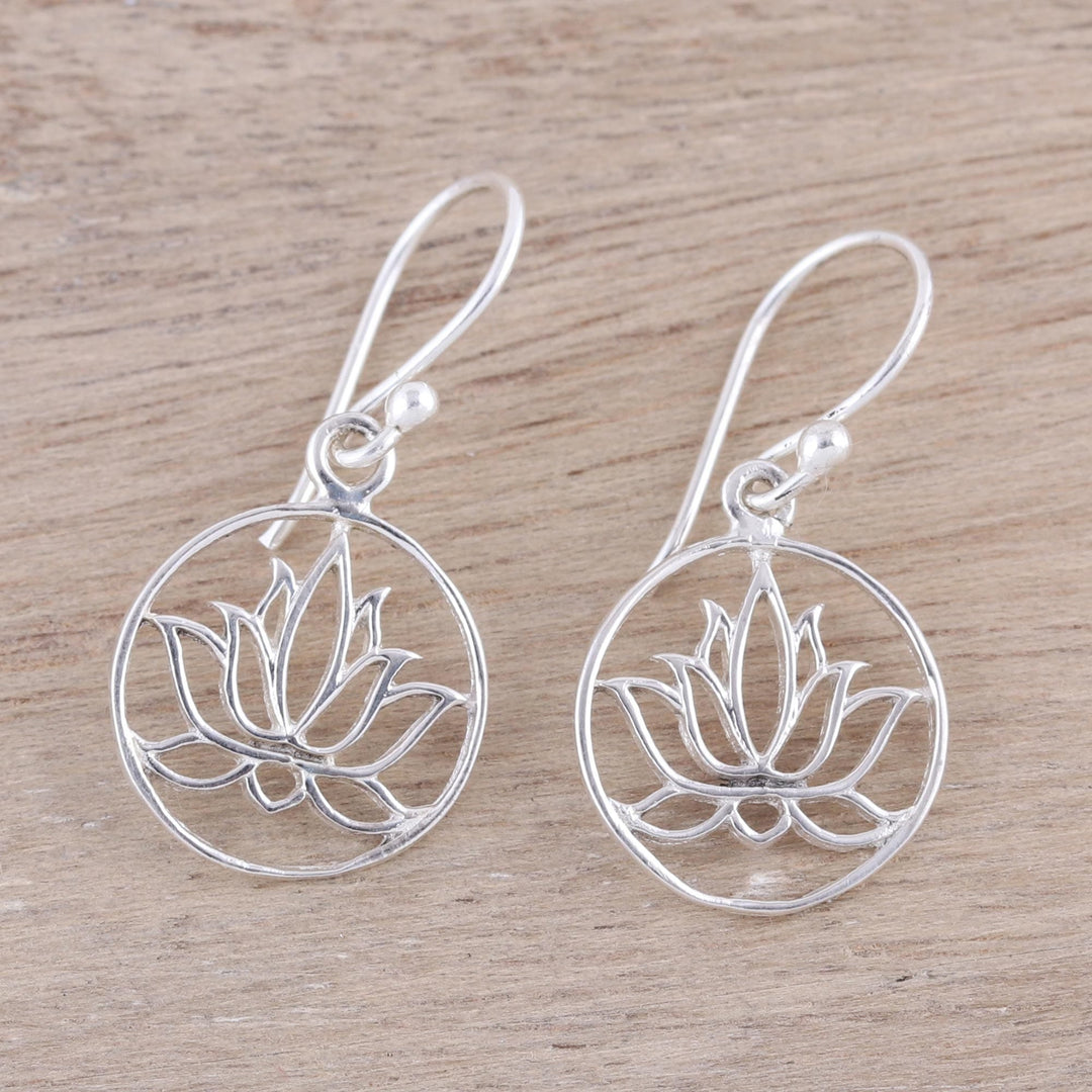 Sterling Silver Lotus Dangle Earrings from India - Delightful Lotus