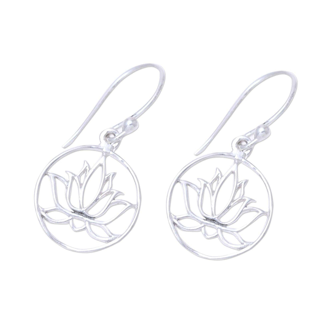 Sterling Silver Lotus Dangle Earrings from India - Delightful Lotus