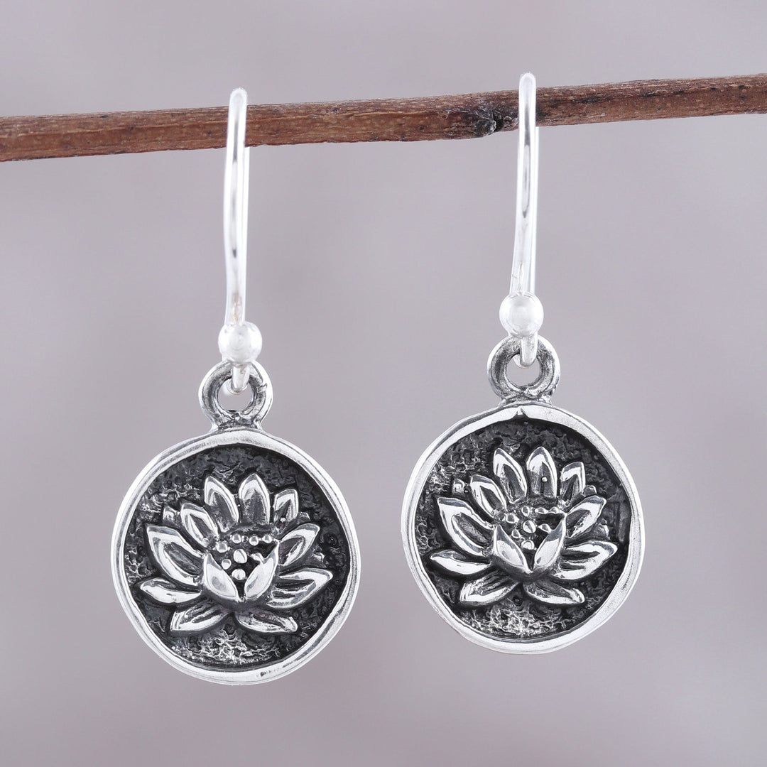 Lotus Motif Sterling Silver Dangle Earrings - Lotus Bliss