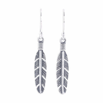 Sterling Silver Feather Dangle Earrings from India - Light Touch