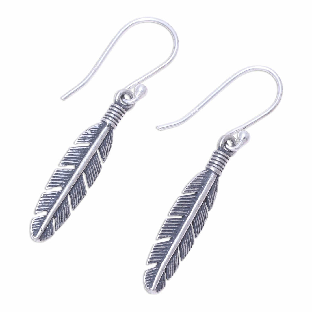 Sterling Silver Feather Dangle Earrings from India - Light Touch