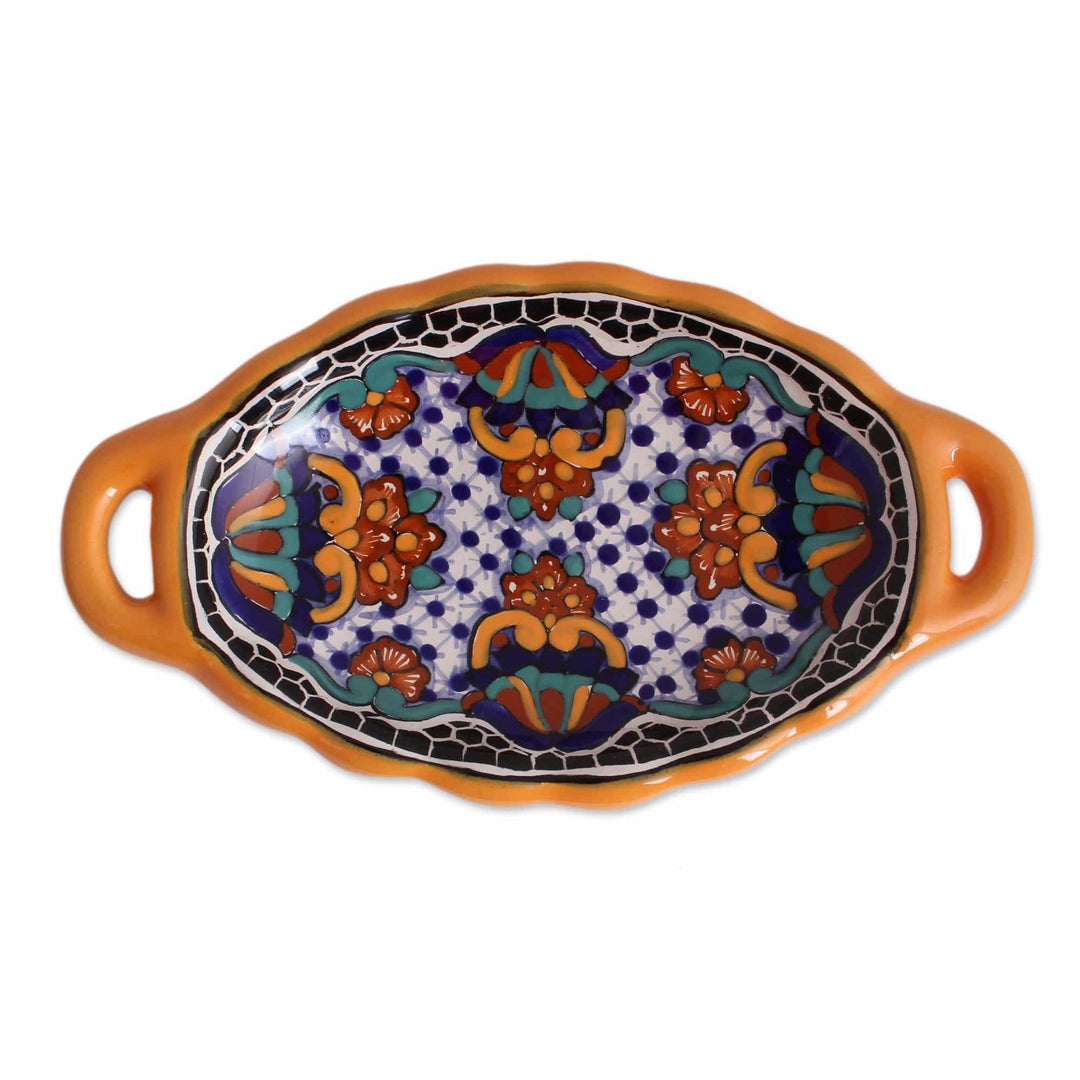 Talavera-Style Ceramic Serving Dish from Mexico - Zacatlan Flowers