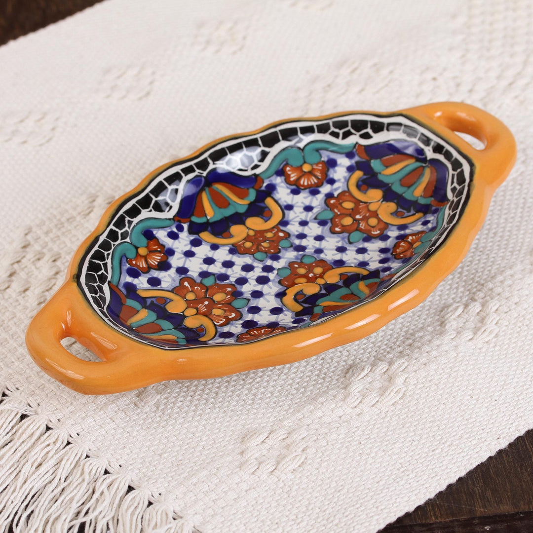 Talavera-Style Ceramic Serving Dish from Mexico - Zacatlan Flowers
