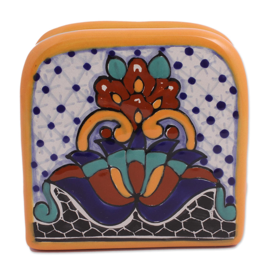 Hand-Painted Ceramic Napkin Holder from Mexico - Zacatlan Flowers