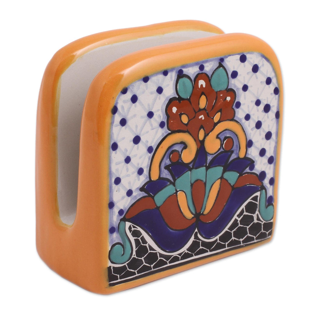 Hand-Painted Ceramic Napkin Holder from Mexico - Zacatlan Flowers